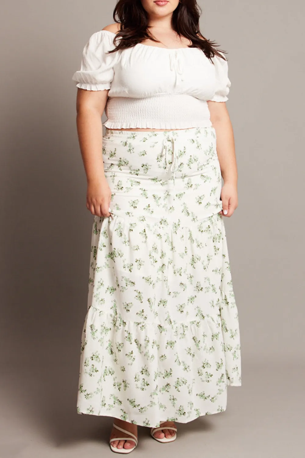 Green Ditsy Elastic Waist Maxi Skirt