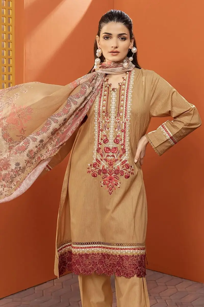 3 Piece Kurta Embroidered | Dupatta& Bottom & Tops | Color Brown