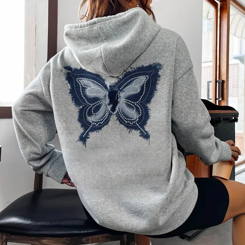 Denim texture butterfly print pattern women's fashion hoodie