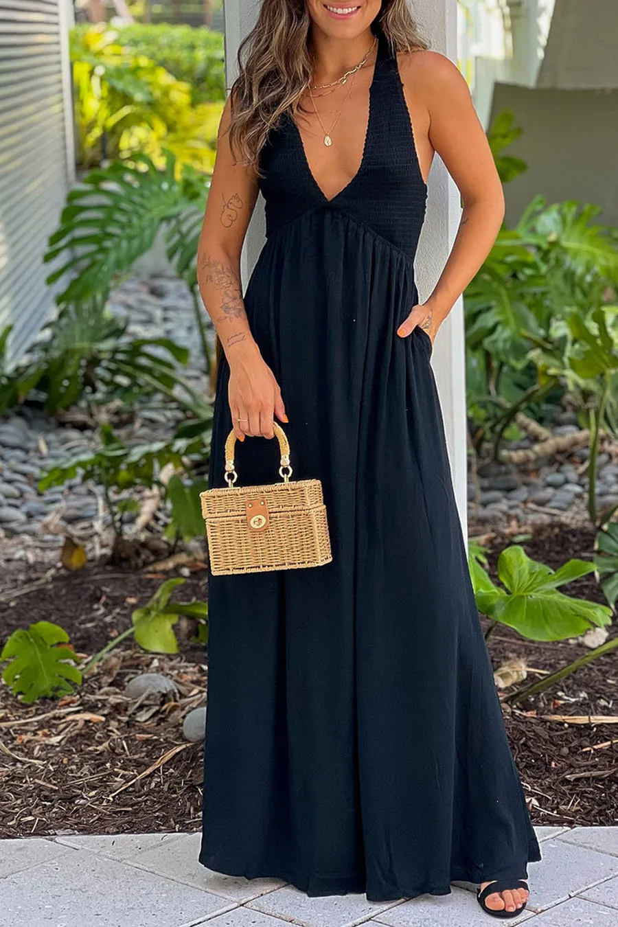 Black Maxi Dress With Smocked Top