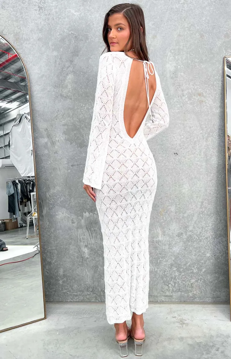 Drea White Backless Knit Maxi Dress