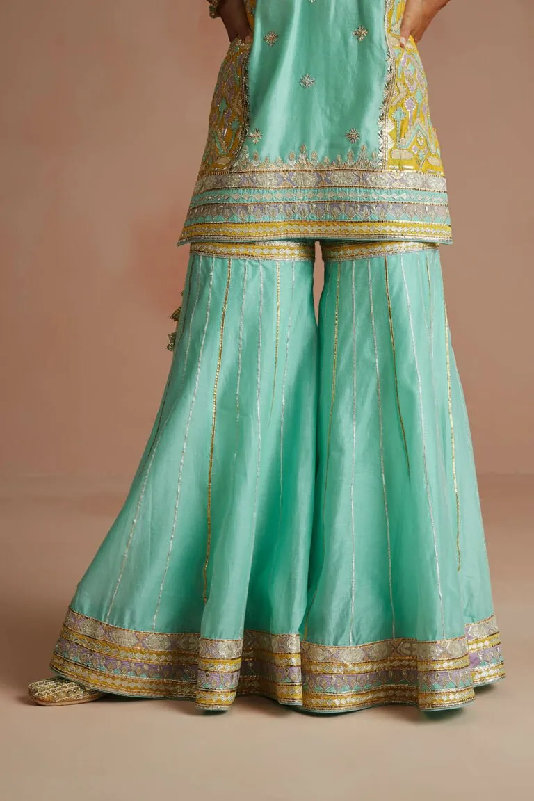 Dark Sea Green & Yellow Color Block Gharara Set