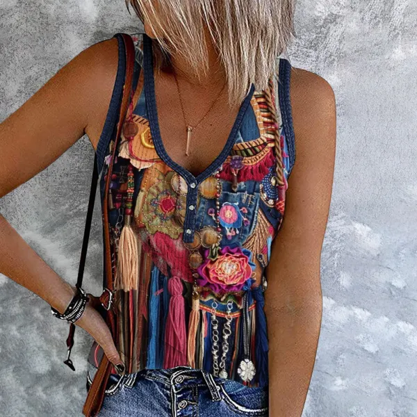 Western Tassel Patchwork Printed V-Neck Casual Tank Top