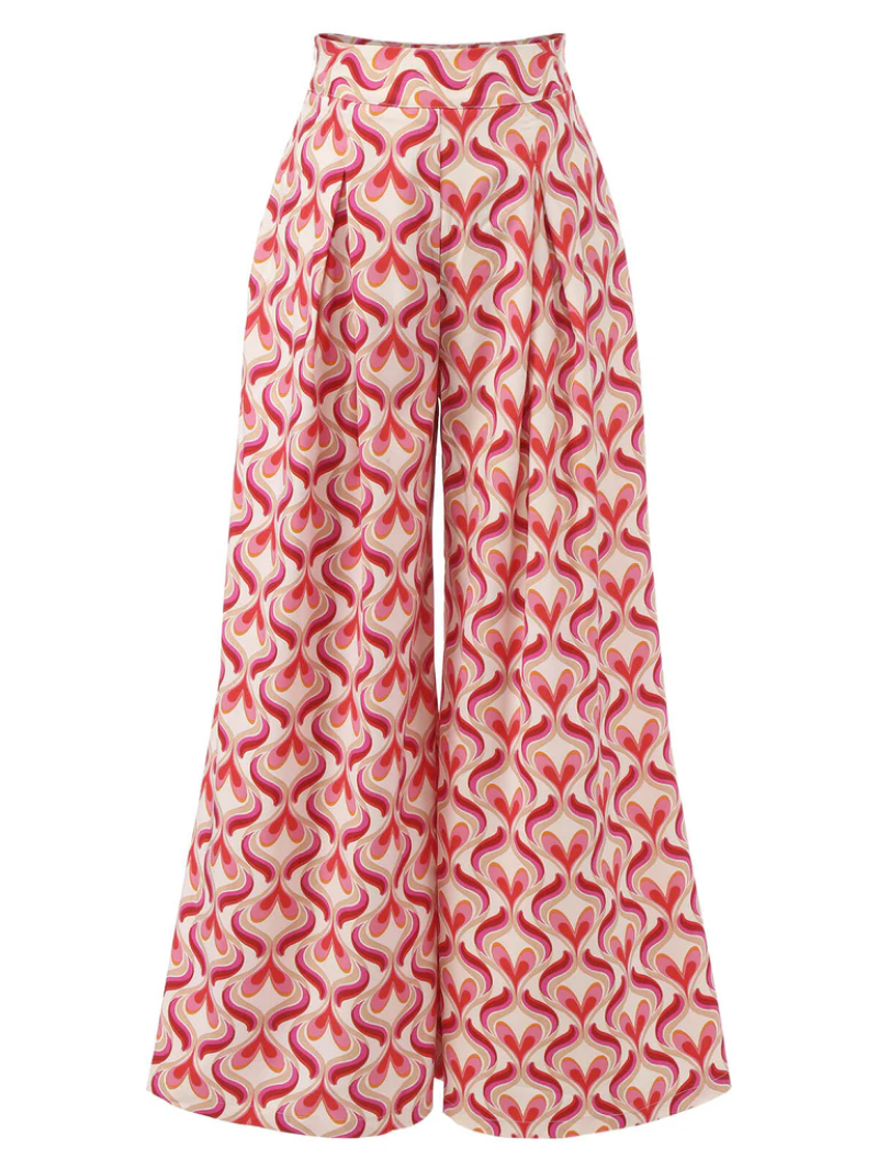 RED 1960S HEART OP ART WIDE-LEG PANTS