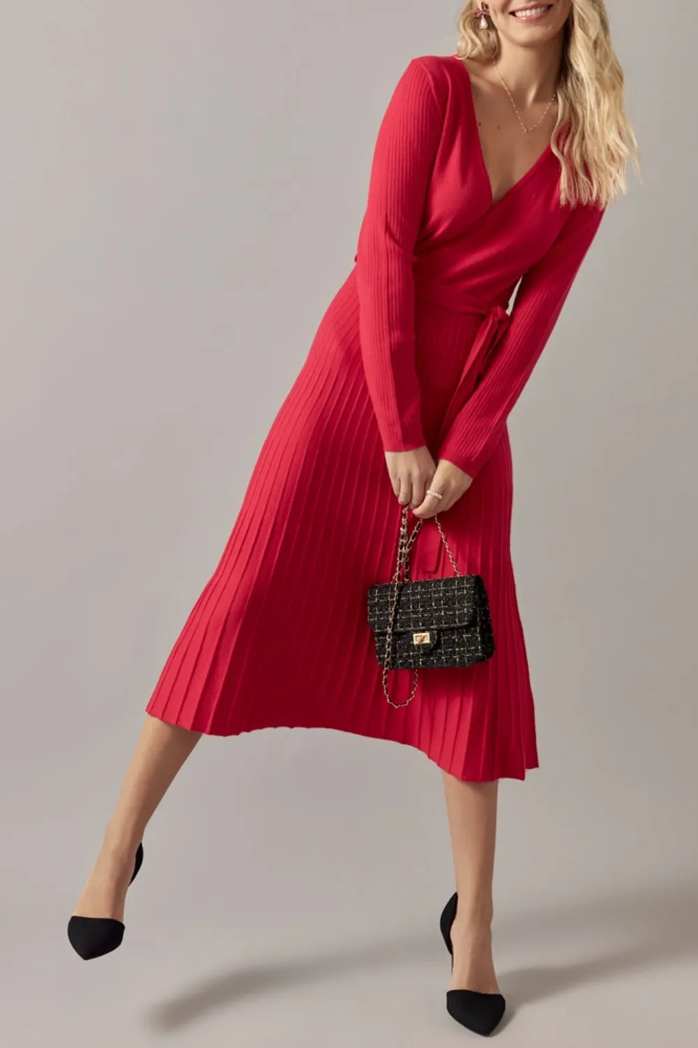 Eleanor Tie Waist Wrap Sweater Midi Dress