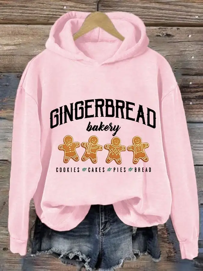 Women's Gingerbread Bakery Cookies Cakes Pies Bread Print Casual Hooded