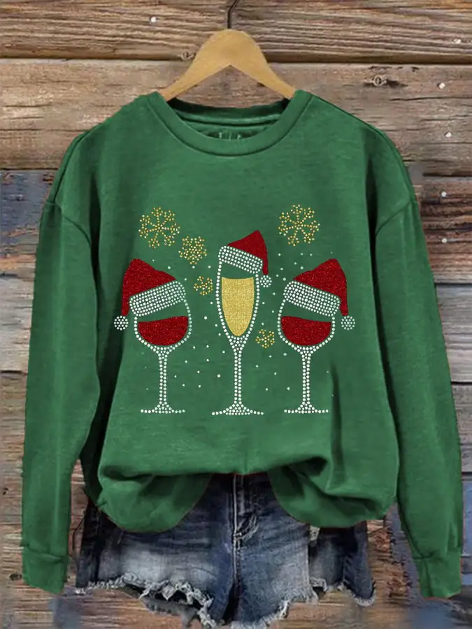 Women's Christmas wine glass print sweatshirt