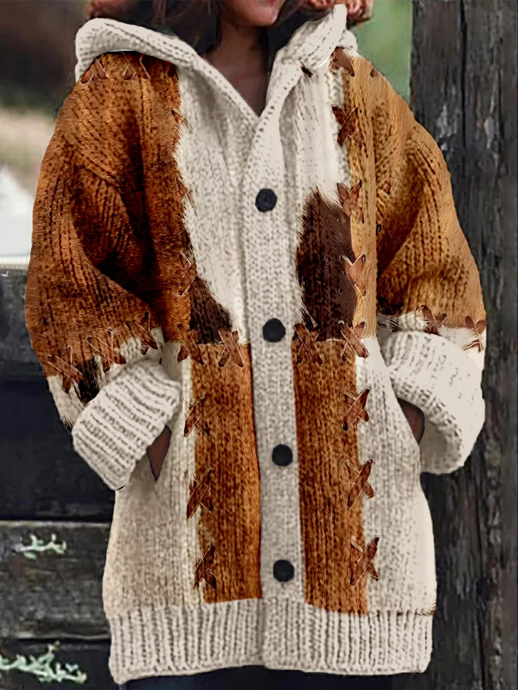 Vintage Western Cowhide Pattern Cozy Hooded Cardigan