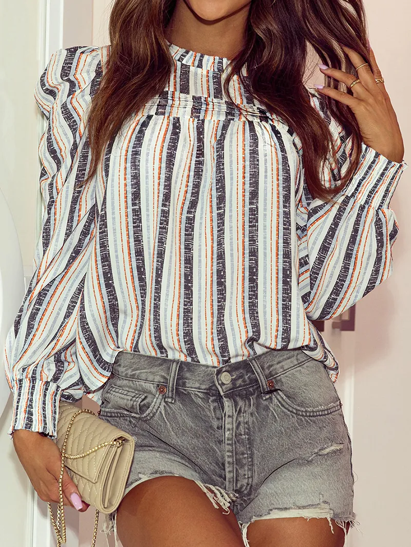 STRIPED SHIRRED ROUND NECK SHEATH CASUAL BOHO BLOUSE