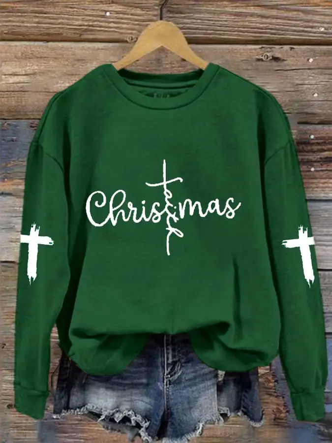 Women's Christmas Faith CRoss Print Crew Neck Sweatshirt