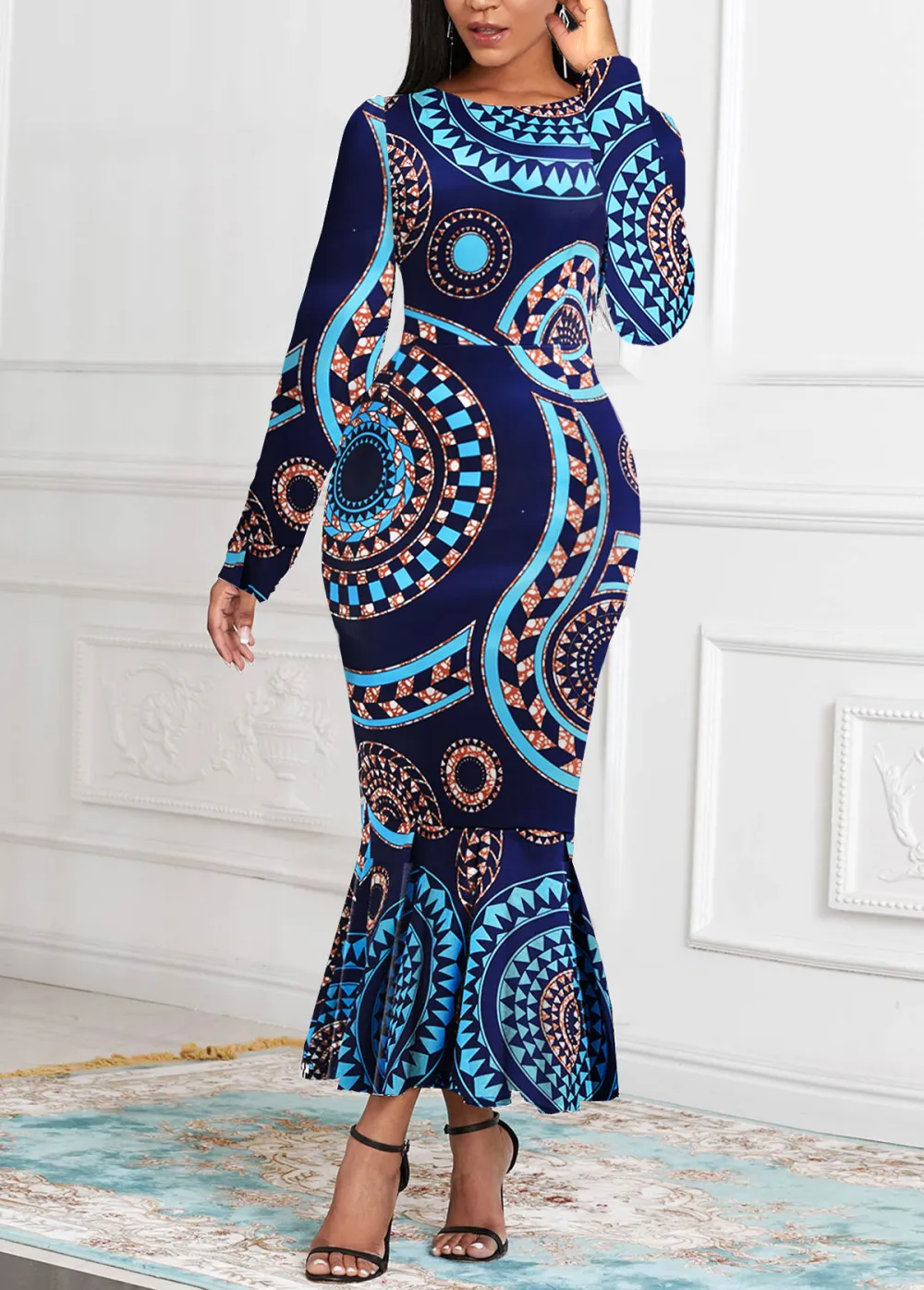 Tribal Print Mermaid Navy Long Sleeve Bodycon Dress