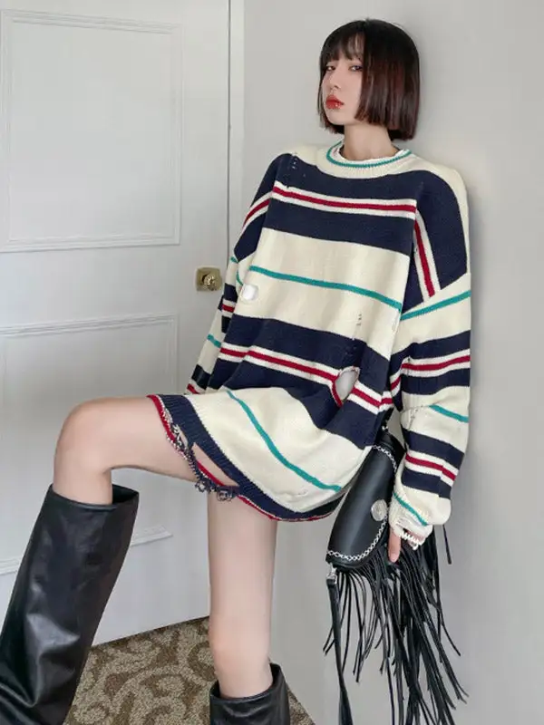 Original Stylish Loose Striped Hole Round-Neck Long Sleeves Knitted Sweater Tops