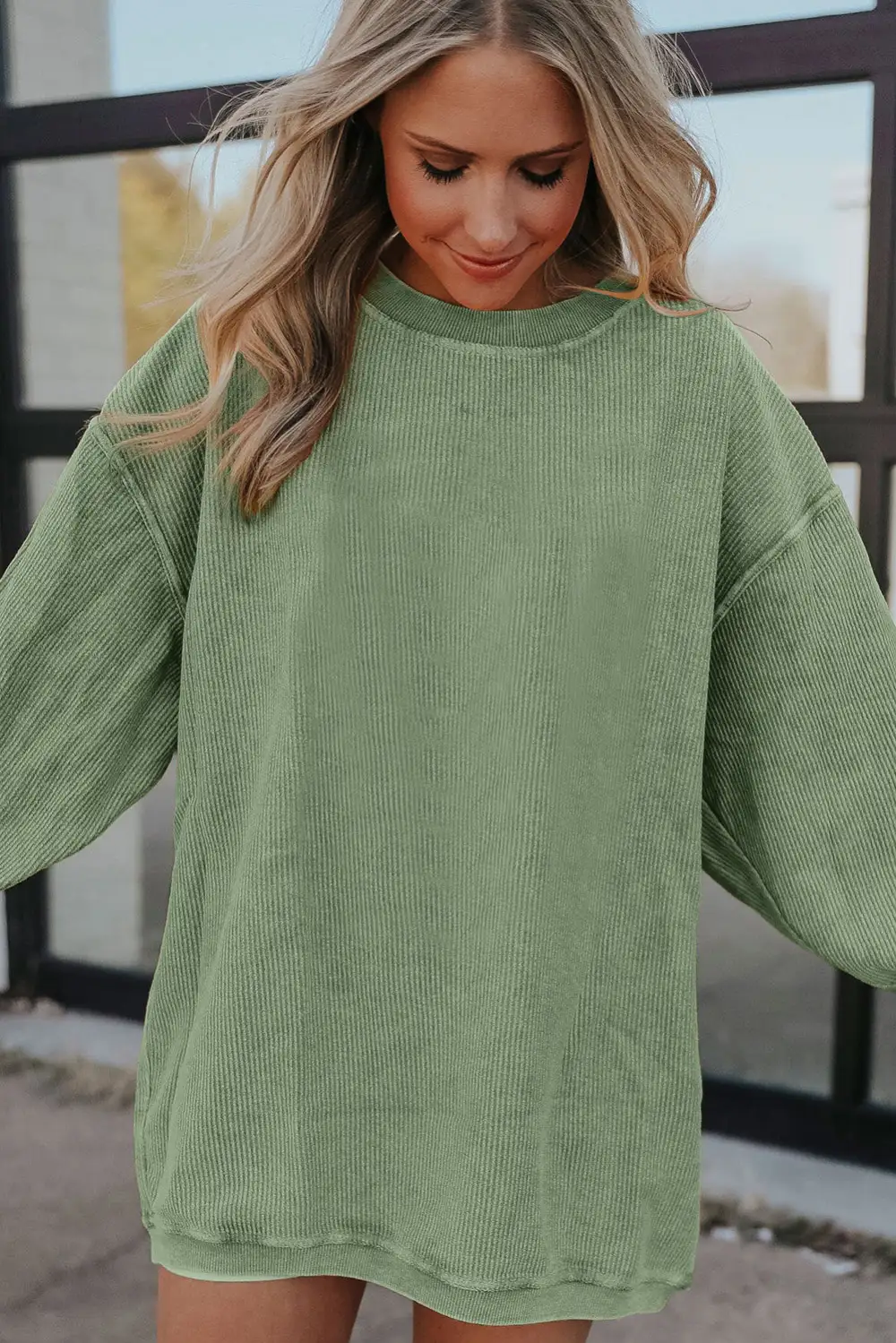 Grass Green Crinkle Rib Drop Shoulder Oversized Sweatshirt