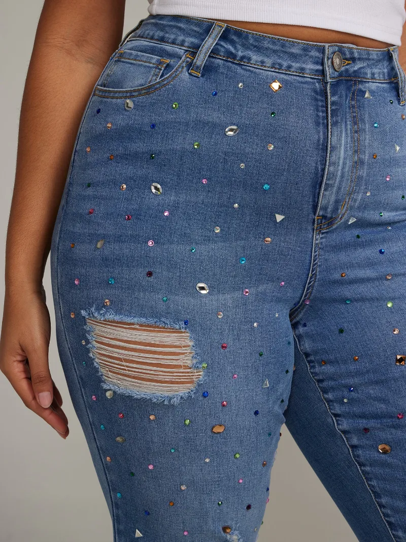 High Rise Rhinestone Straight Leg Jeans