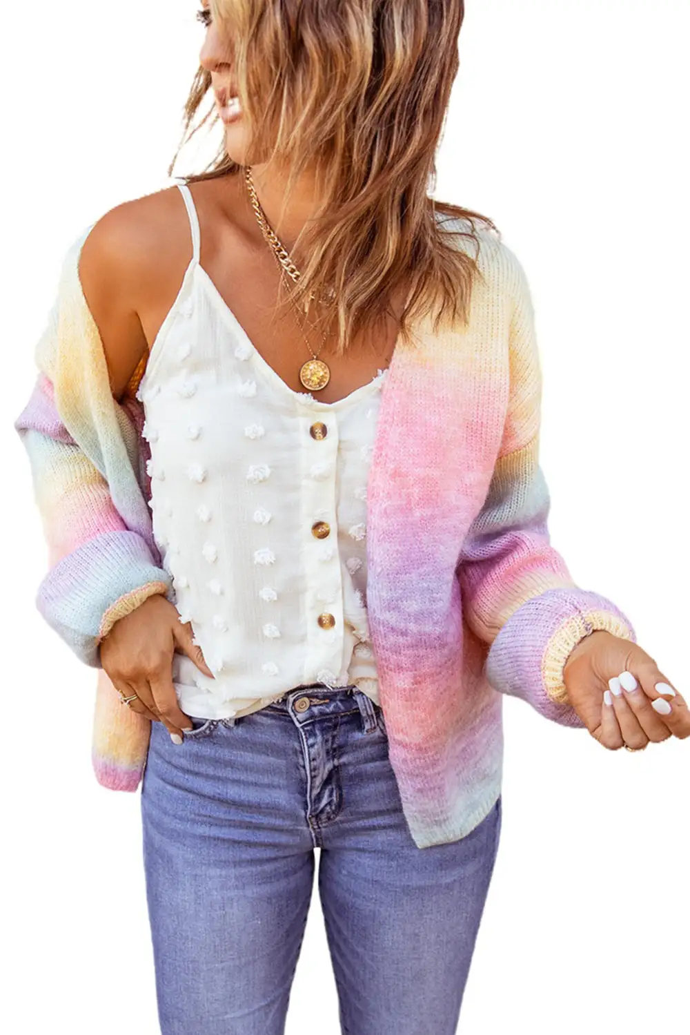 Multicolor Ombre Tie-Dye Drop Shoulder Cardigan