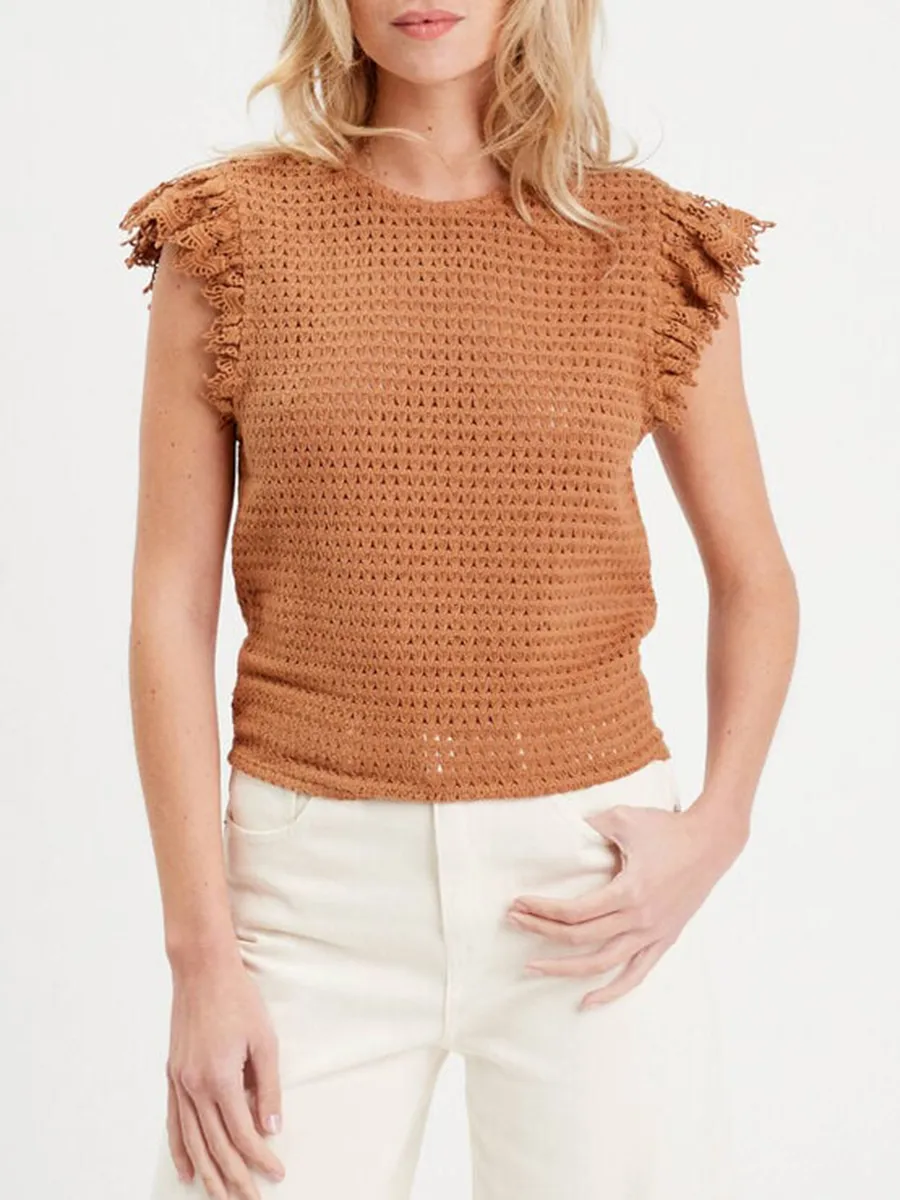 T-shirt crochet col rond beige femme