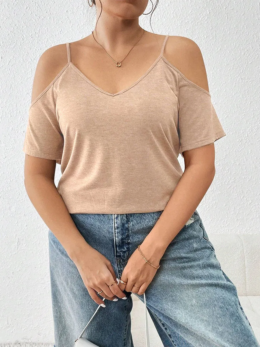 Solid Cold Shoulder V Neck Tee