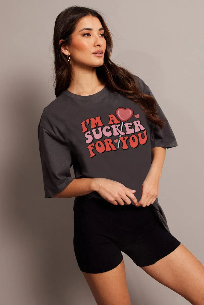 Women's heart-shaped letter printed T-shirt