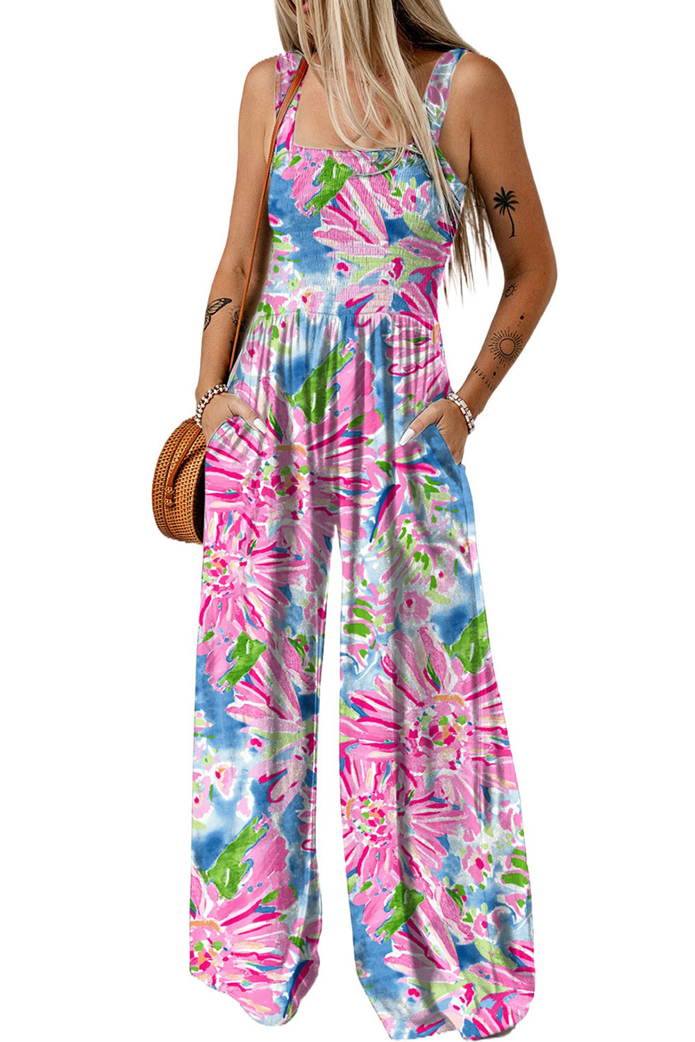 Abstract Floral Painting Smocked Wide Leg Jumpsuit