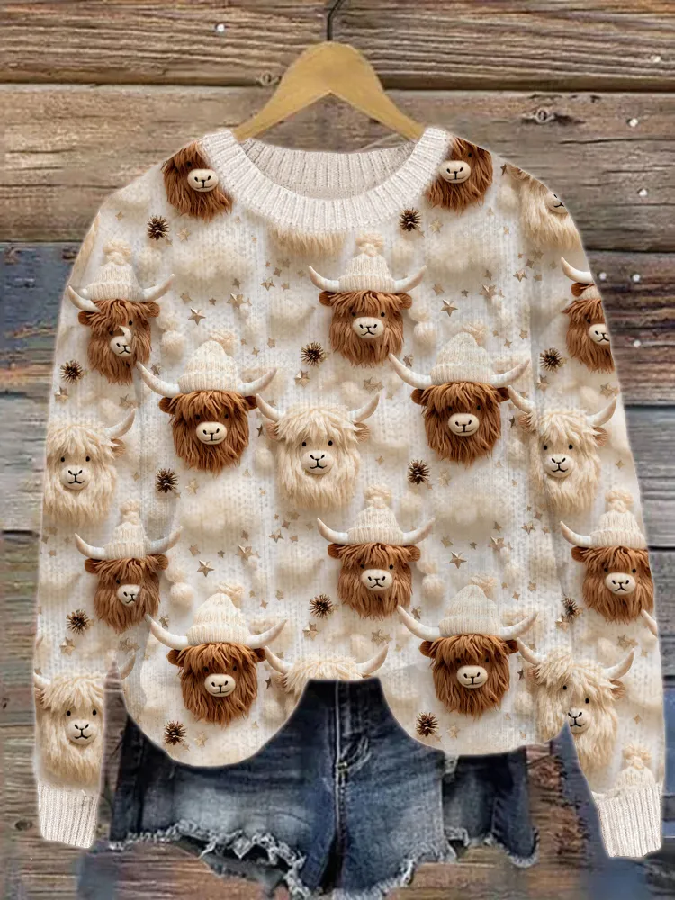 Snowy Winter Highland Cow Pattern Cozy Knit Sweater