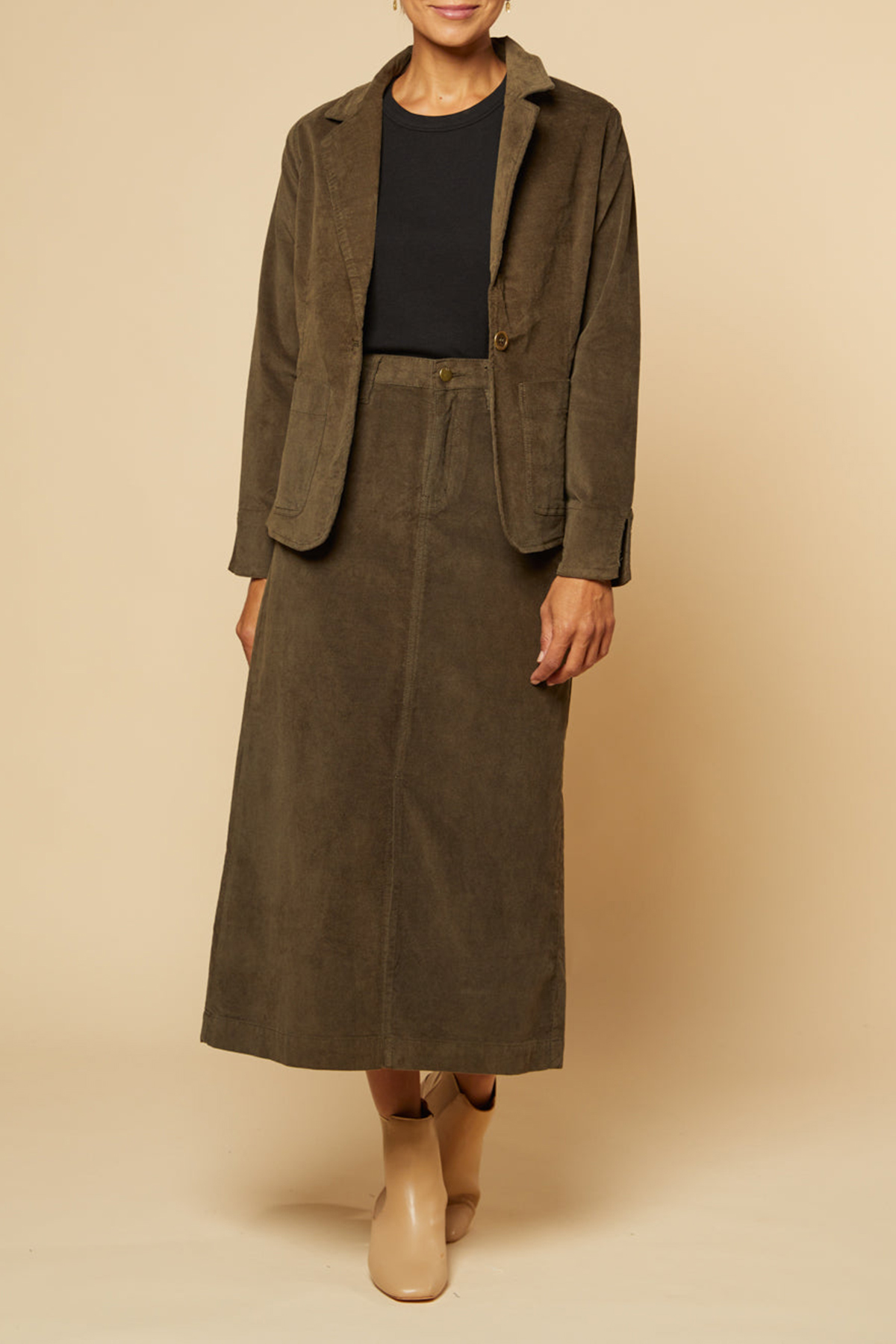 Adrift A-Line Brushed Cotton Skirt in Olive