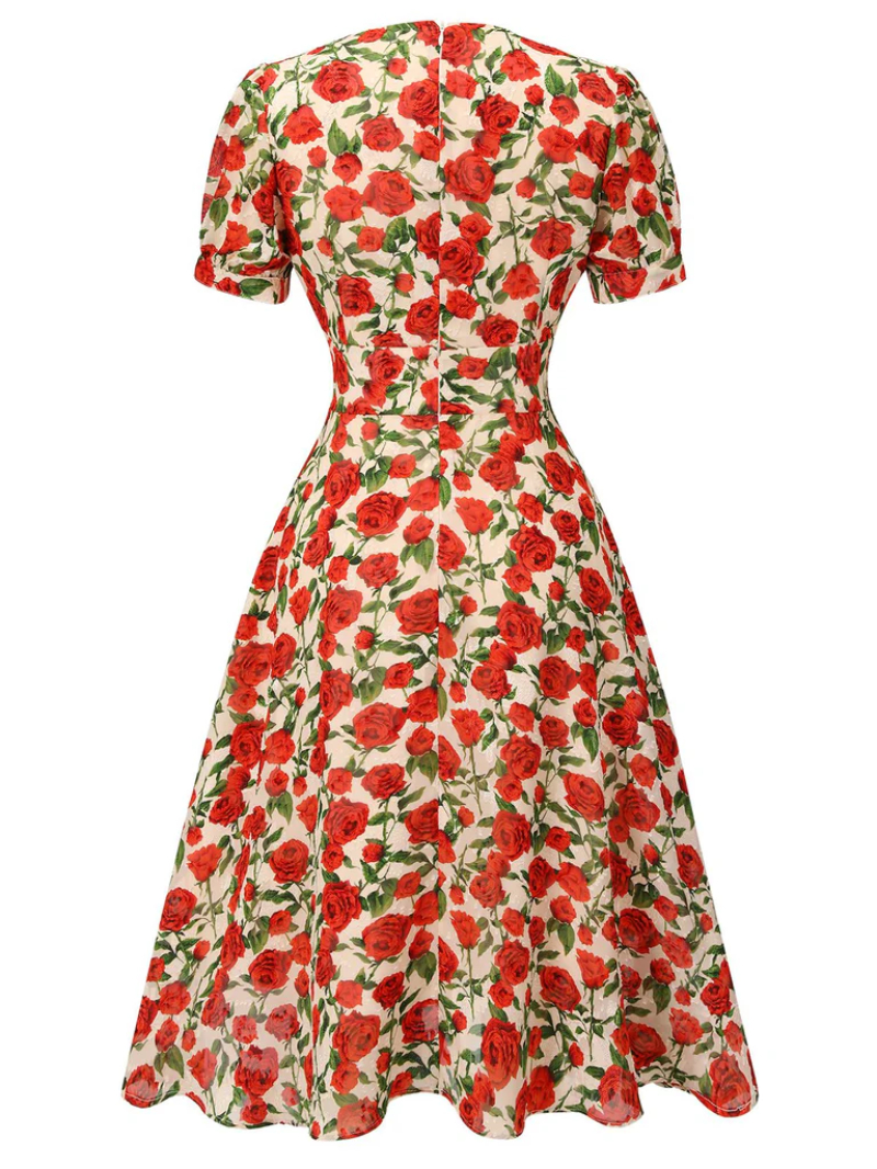 RED 1940S ROSE V-NECK SWING DRESS