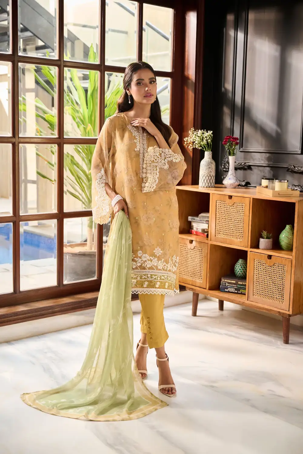 MUSTARD 3PCS  EMBROIDERED KURTA WITH TROUSER