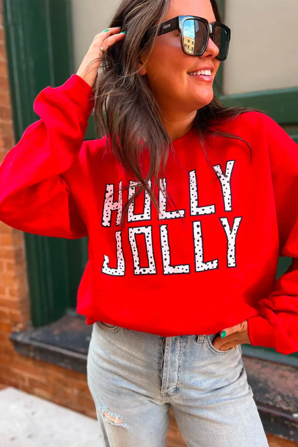 Red HOLLY JOLLY Dotty Letter Graphic Christmas Sweatshirt