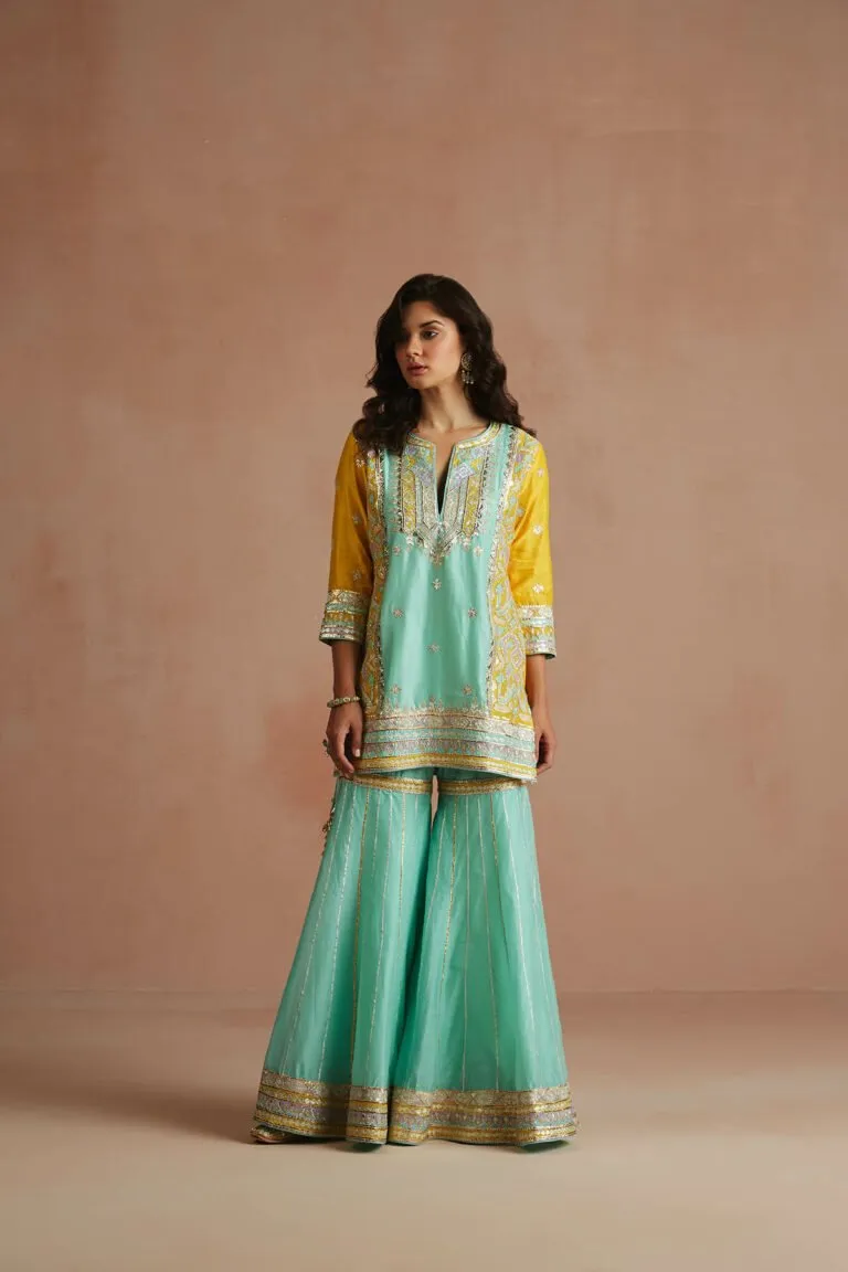 Dark Sea Green & Yellow Color Block Gharara Set