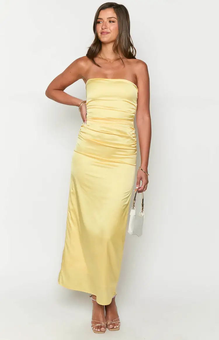 Yellow Bloom Satin Strapless Maxi Dress