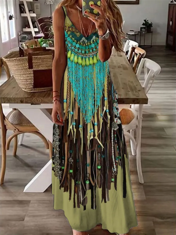 Vintage Turquoise Beaded Fringe Cami Maxi Dress