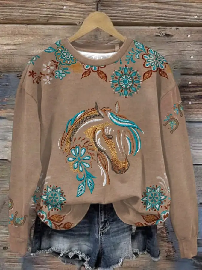 🔥Buy 3 Get 10% Off🔥🔥Buy 3 Get 10% Off🔥Women's Western Retro Horse Print Sweatshirt