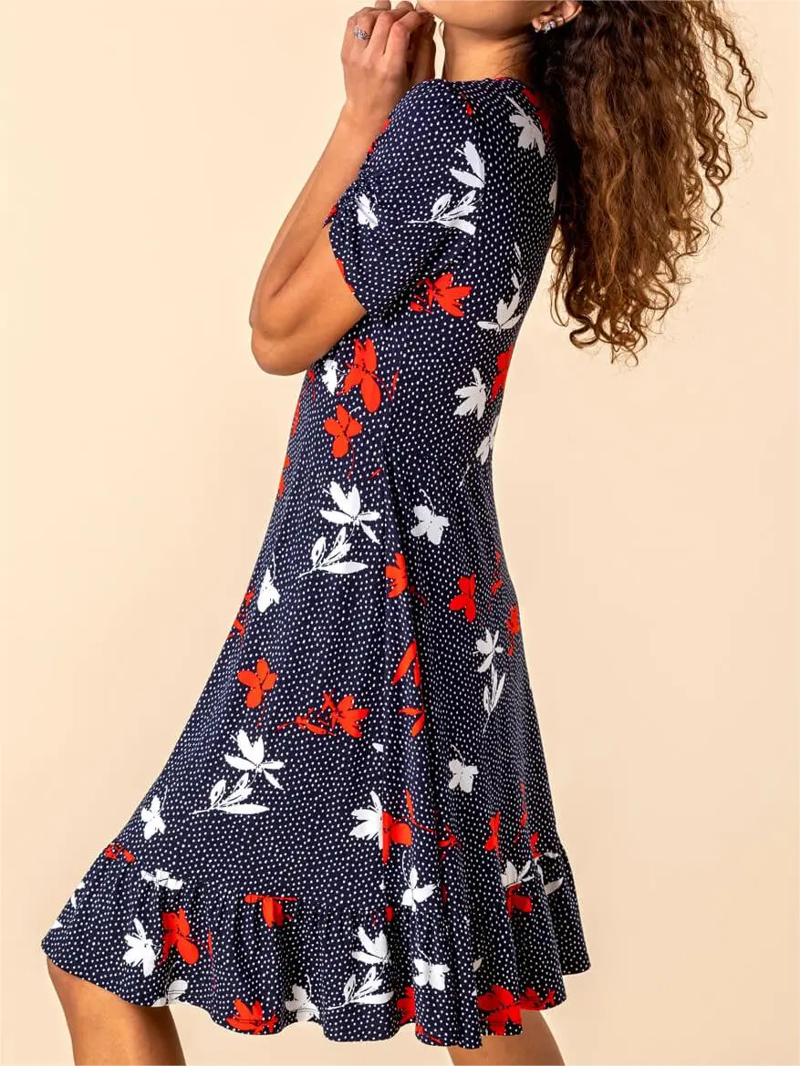 Navy Floral Spot Print Frill Stretch Dress