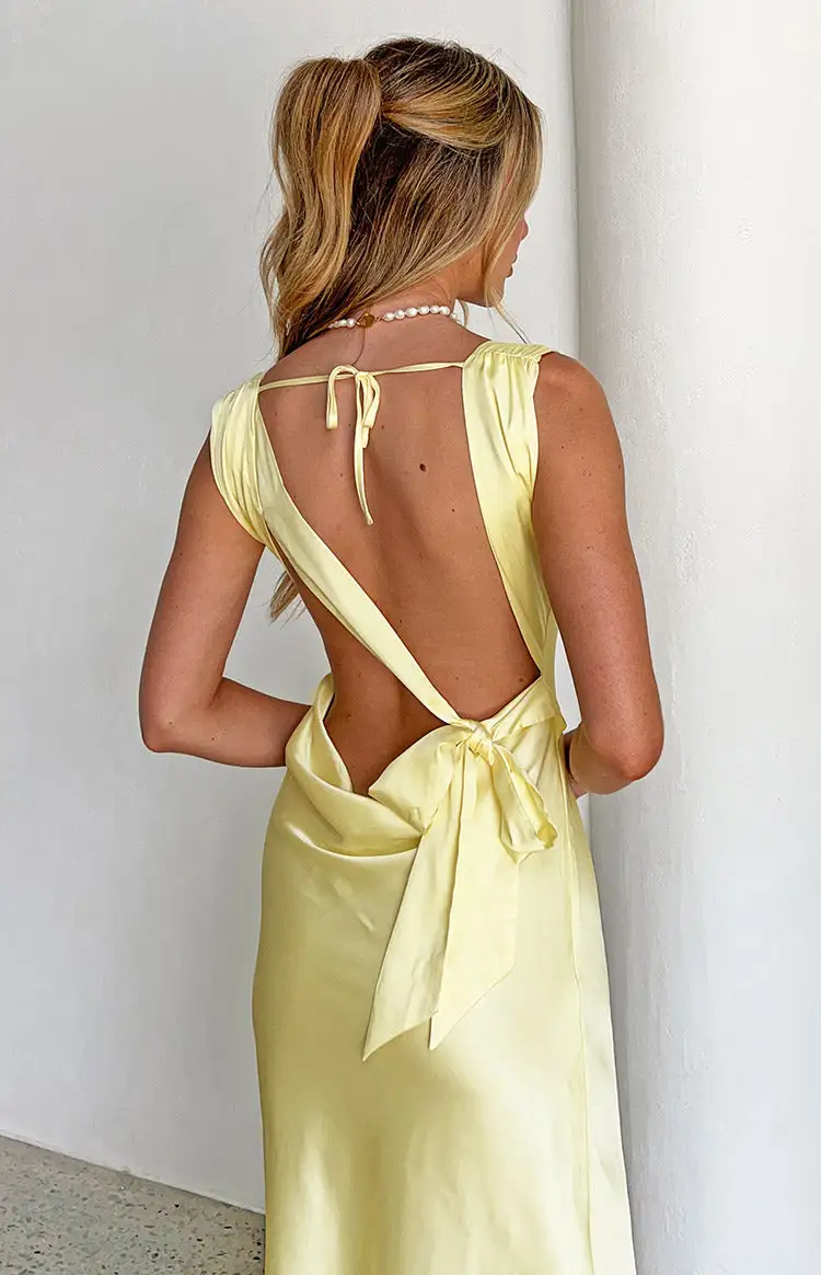 Laria Yellow Satin Formal Maxi Dress