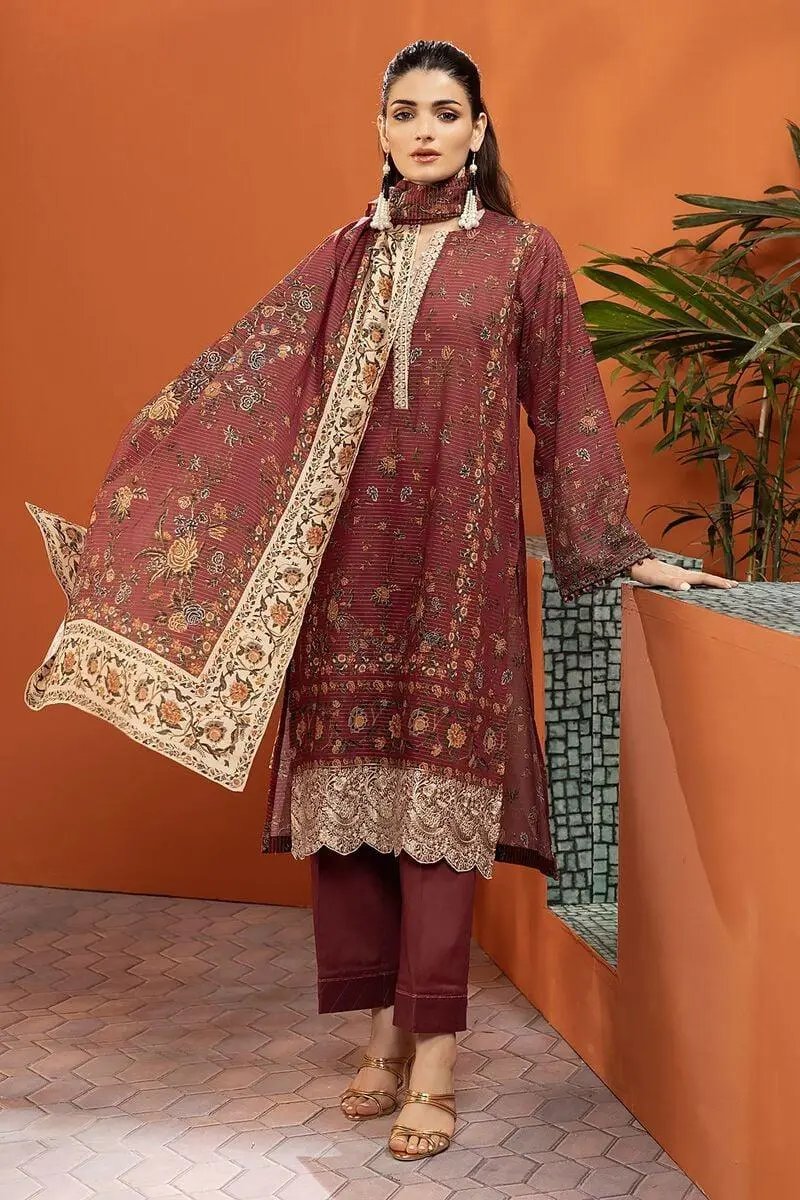 3 Piece Kurta Embroidered | Dupatta& Bottom & Tops | Color Claret