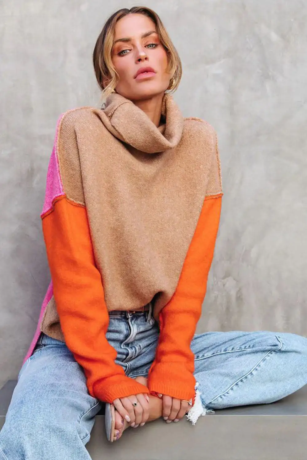 Color Block Turtle Neck Drop Shoulder Knit Sweater