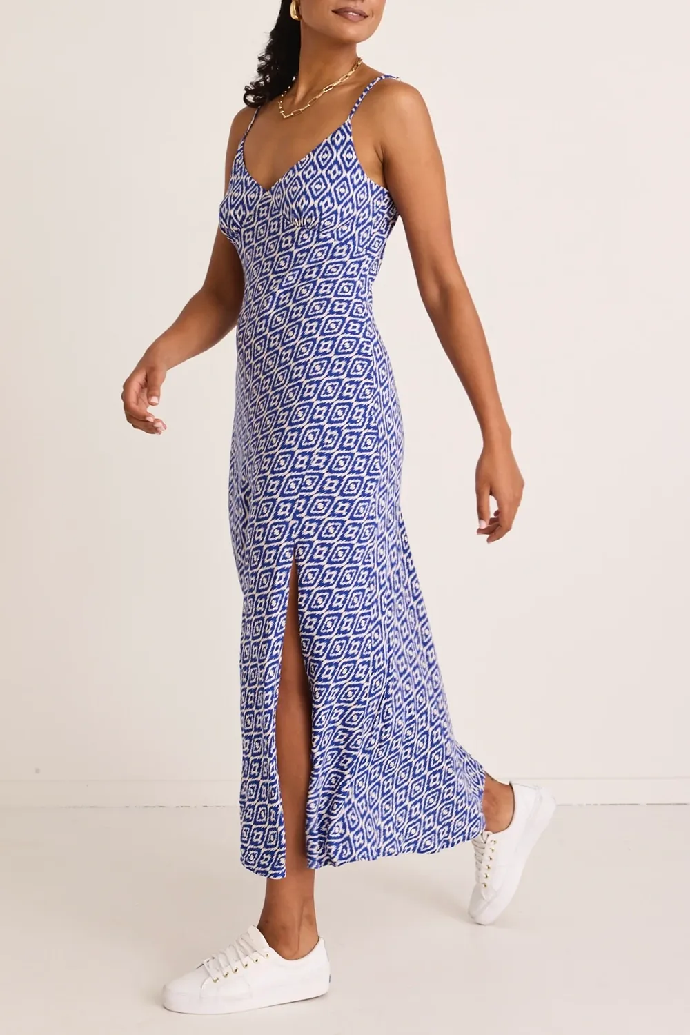 Otherworldly Electric Blue Batik Bias Slip Midi Dress