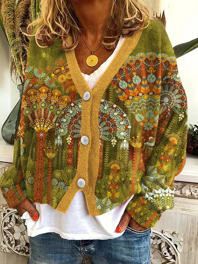 Vintage  Geometric Fan Pattern Women'S Cardigan Sweater