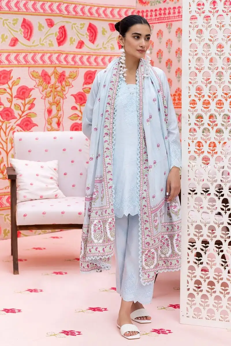 3 Piece Kurta Embroidered | Dupatta& Bottom & Tops | Color light blue