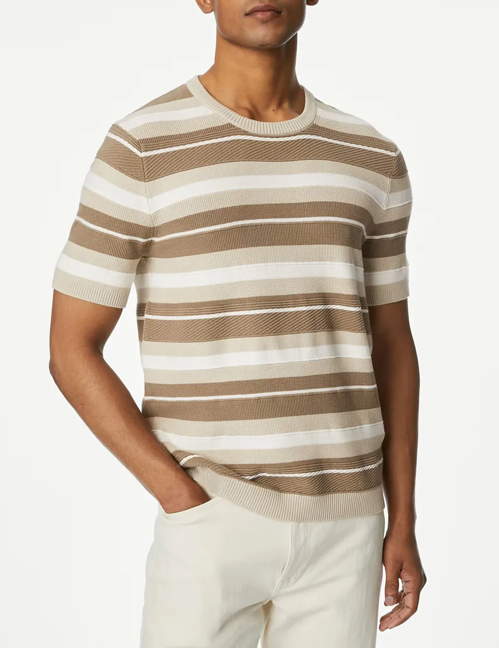 Cotton Rich Striped Crew Neck Knitted T-shirt