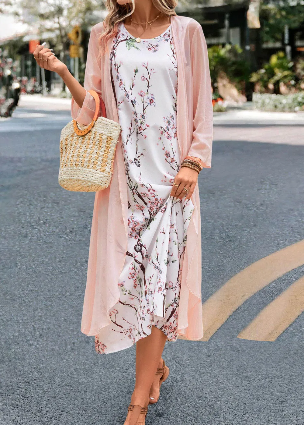 Floral Print Two Piece Pink Maxi Dress and Cardigan