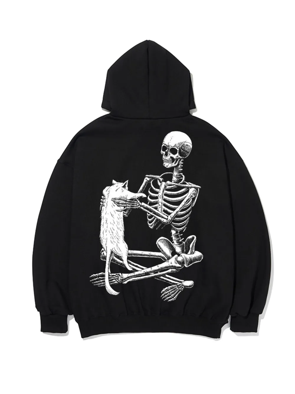 SKULL HOLDING CAT PATTERN PRINTED HOODIE