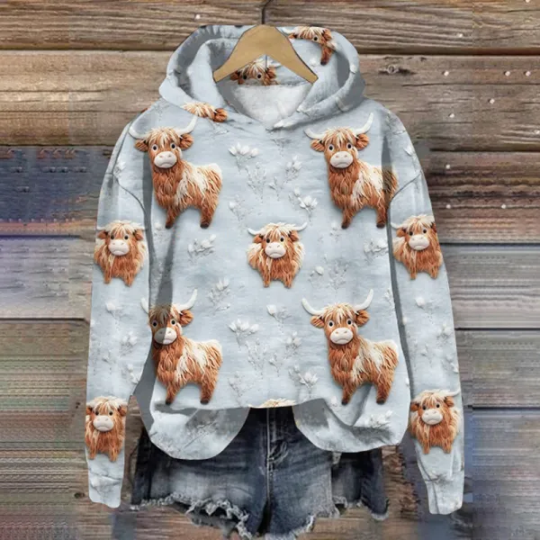 Highland Cow Print Casual Hoodie