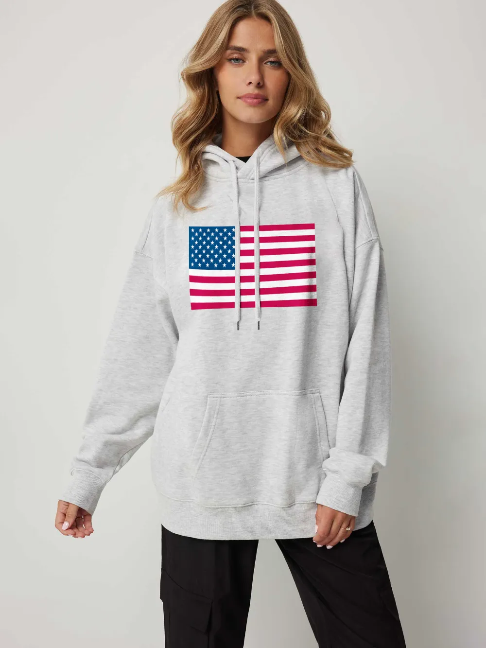 American Flag Hooded Long-Sleeved Oversized Sweatshirt