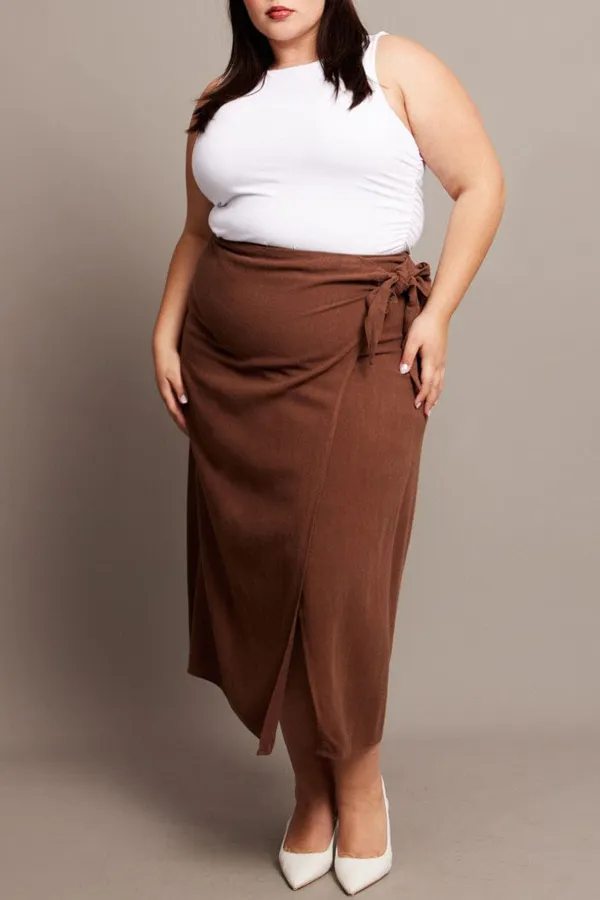 Brown Faux Wrap Linen Blend Midi Skirt