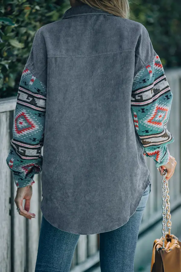 Aztec Pattern Sleeve Pocketed Corduroy Shacket