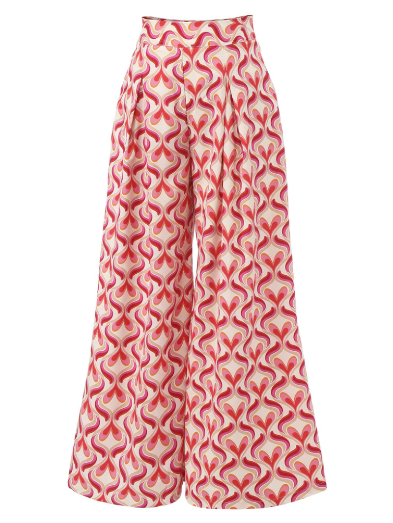 RED 1960S HEART OP ART WIDE-LEG PANTS