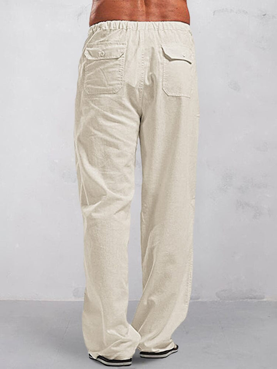 Casual solid color elastic waist cotton and linen straight pants