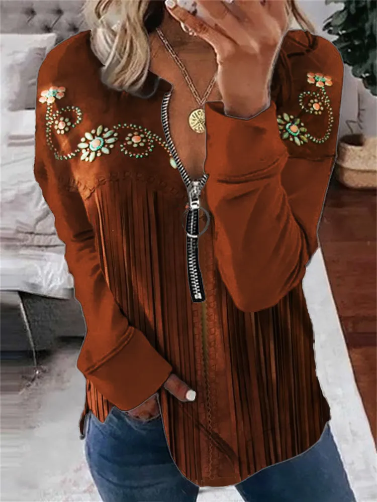 Western Floral Turquoise Leather Art Zip Up Sweatshirt