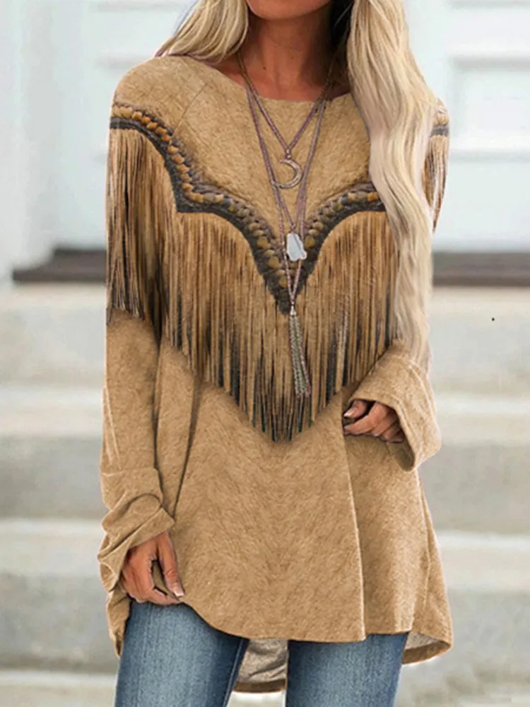 Western Tassels Print Round Neck Long Sleeve Tunic